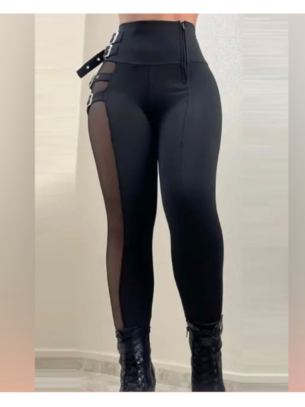 Chic Me Black Mesh Patch Buckled High Waist Pants
